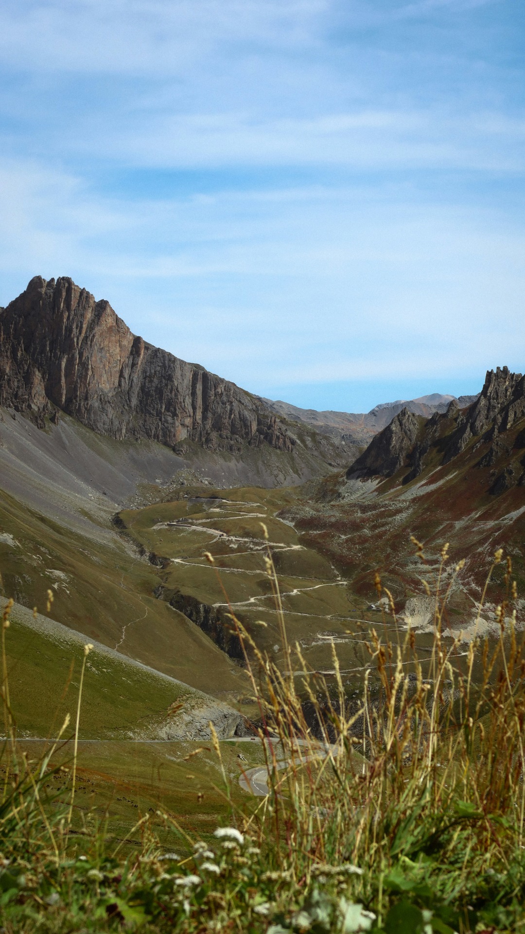 Berglandschaft des Galibier mit schroffen Felswänden, grünen Hängen und Gräsern im Vordergrund unter blauem Himmel.